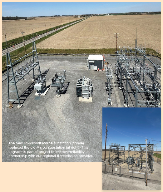 The new 69-kilovolt Maroe substation (above) replaced the old Maroe substation (at right). This upgrade is part of project to improve reliability in partnership with our regional transmission provider.